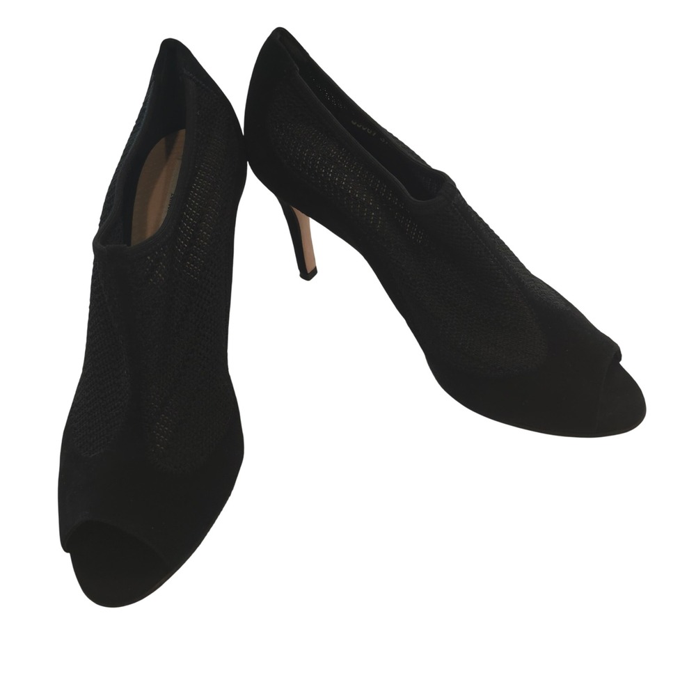 LK Bennett London Black Suede Mesh Peep Toe Heels 37.5 Made in Italy Runway Chic